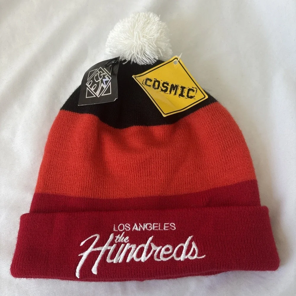 The Hundreds Team Beanie Cosmic Los Angeles Authentic Red Orange Black White Pom